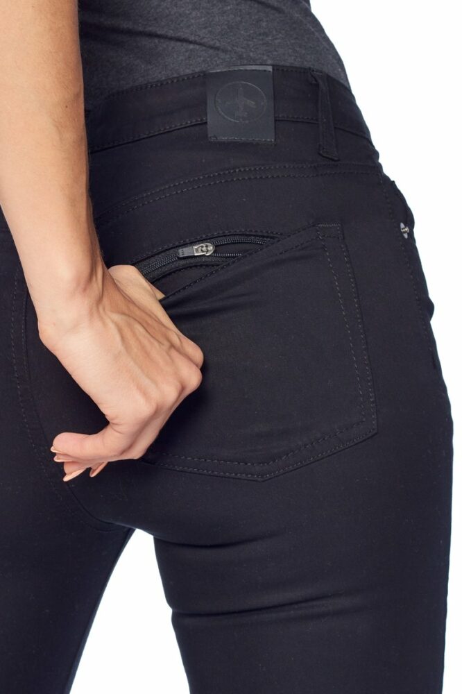 Back hidden zipped pocket on Aviator travel jeans