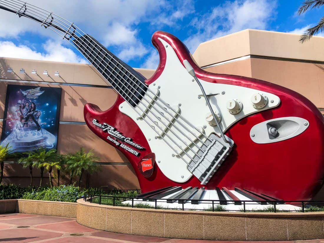 The famous large guitar outside Rock ’n’ Roller Coaster, the most exciting ride at Hollywood Studios, Disney World