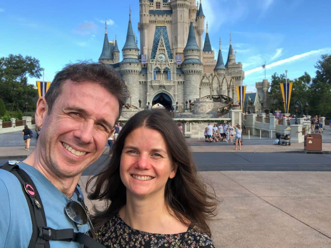 Simon and Erin of Never Ending Voyage at the Magic Kingdom Castle in Disney World Florida