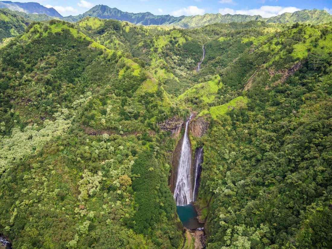 Manawaiopuna Falls aka Jurassic Park Falls on Kauai on our Jack Harter doors off helicopter tour