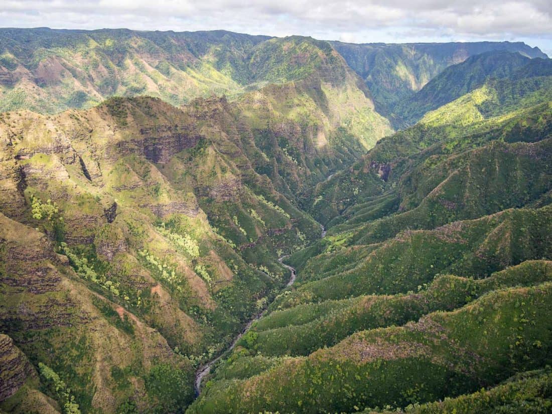 Olokele Canyon on a Jack Harter doors off helicopter tour of Kauai island, Hawaii