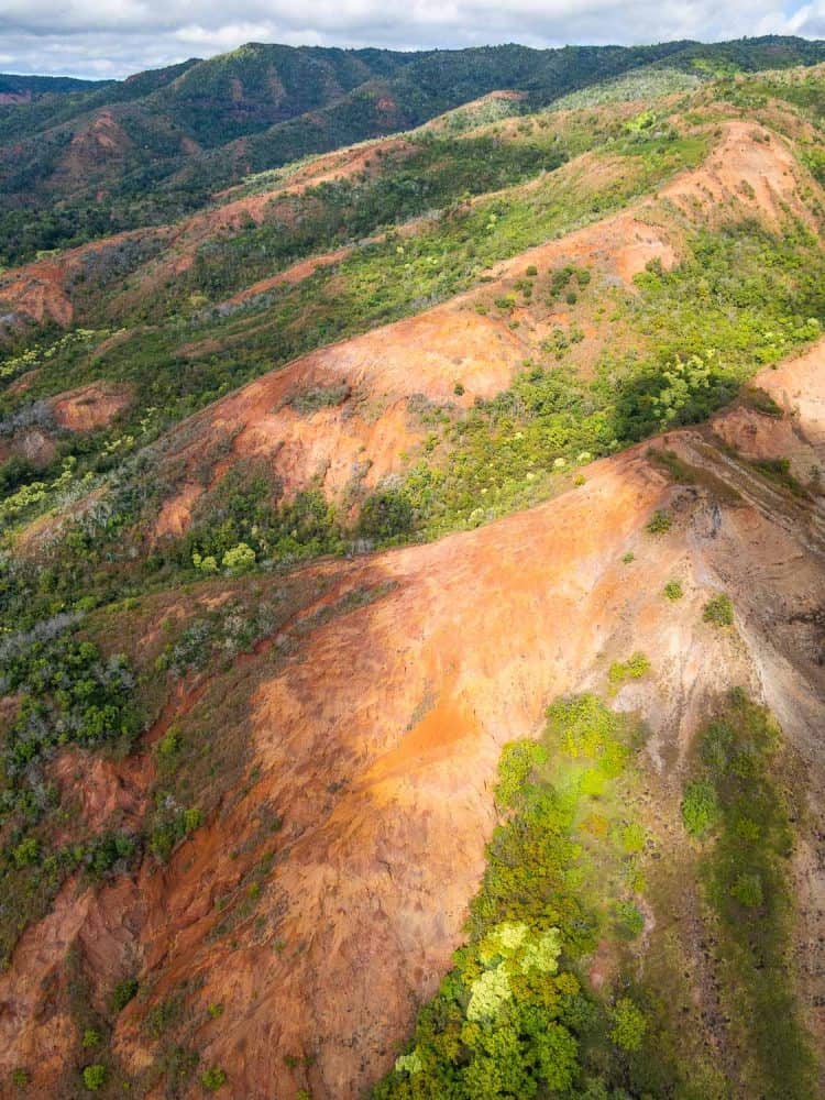 Reds and greens of Olokele Canyon on a Jack Harter doors off helicopter tour of Kauai island, Hawaii