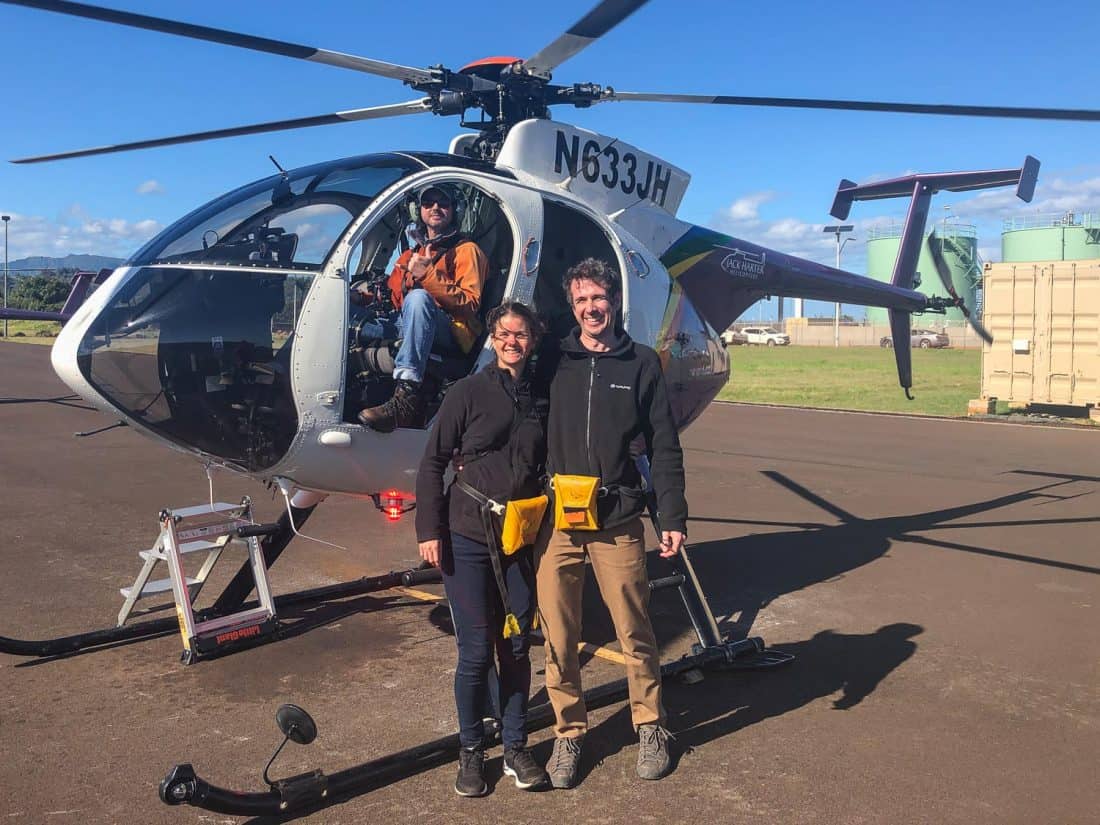 Erin and Simon after their doors off helicopter tour of Kauai with Jack Harter