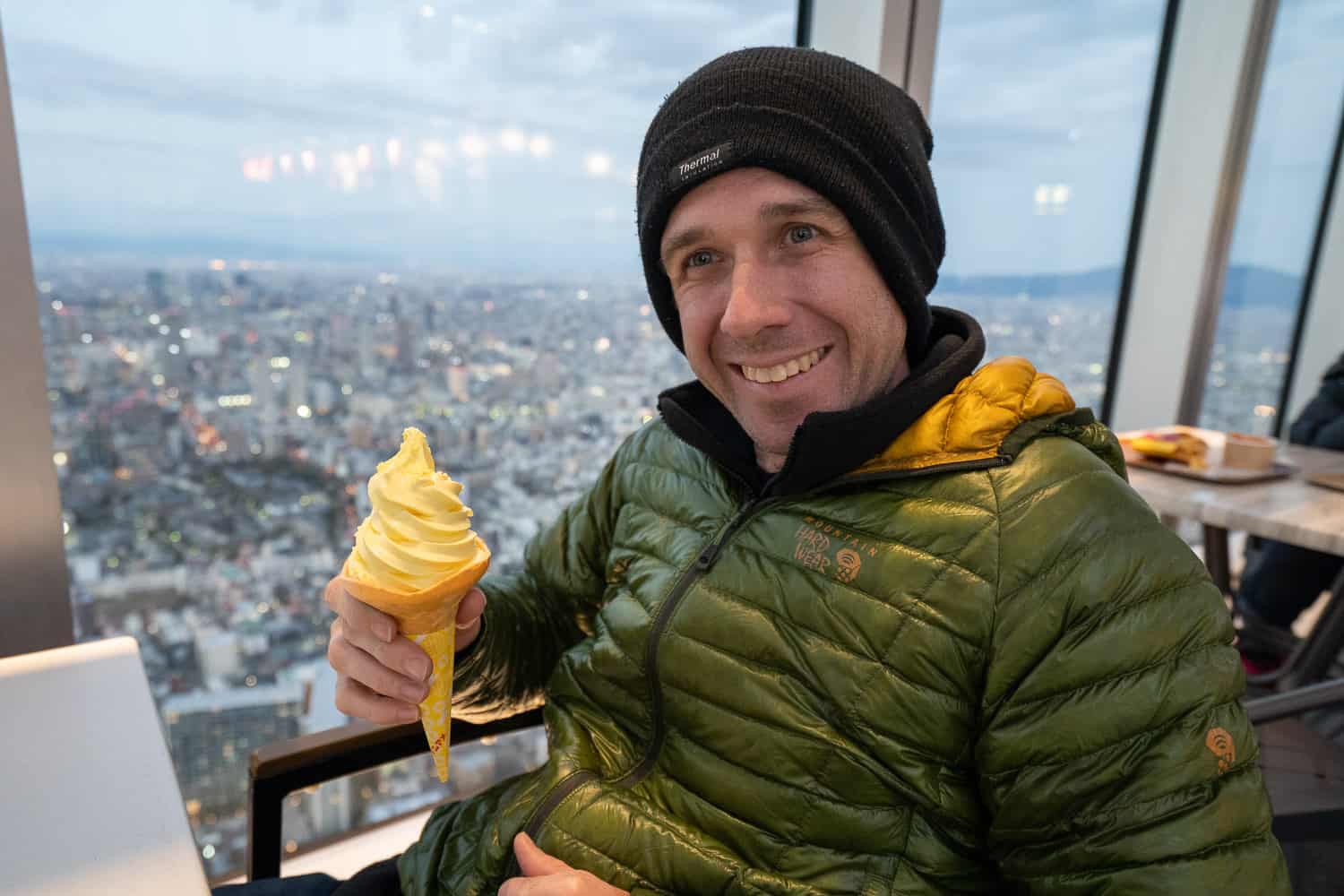 Simon with pineapple soft serve ice-cream at Harukas 300 Osaka