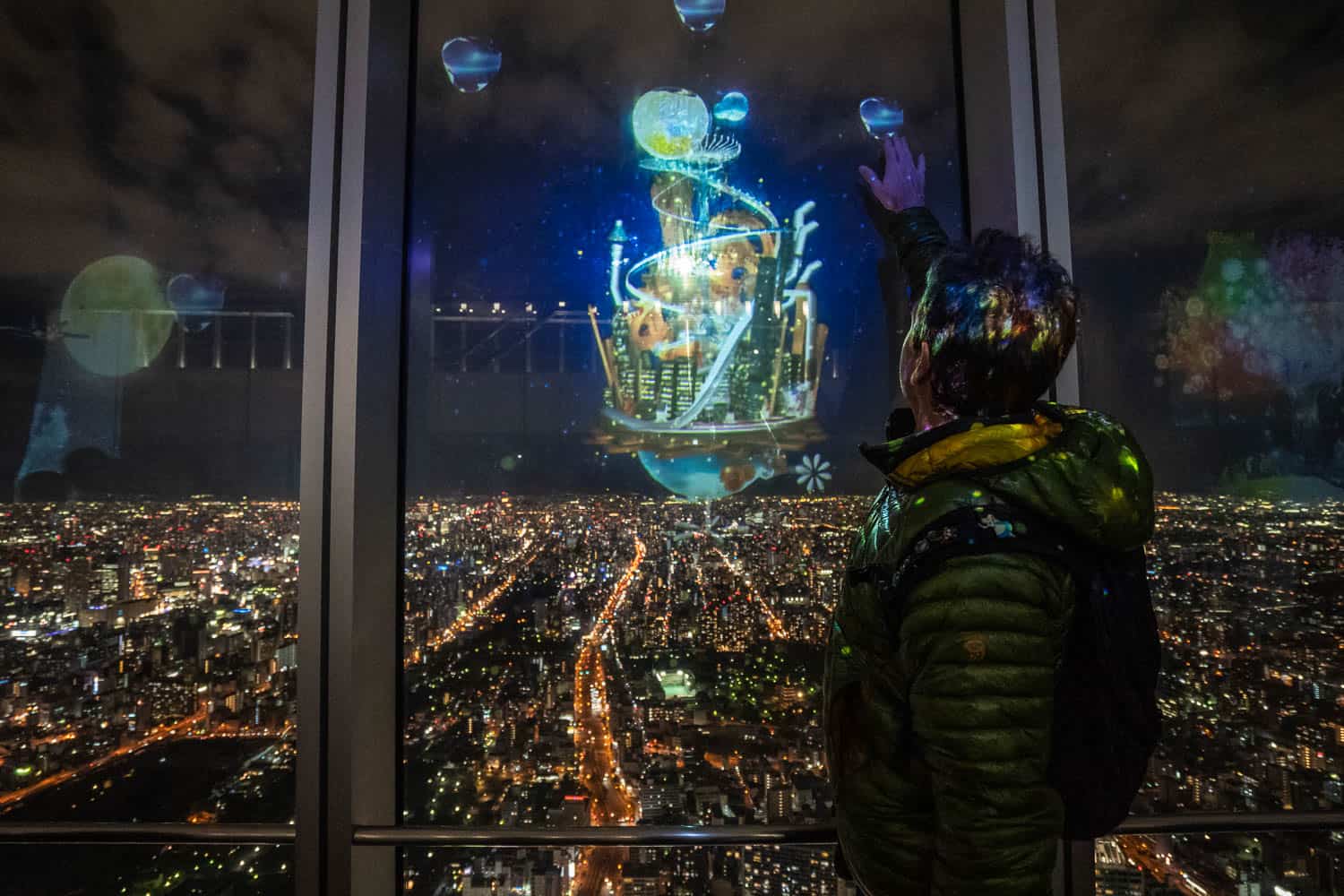 Interactive elements at Harukas 300 Light & Sound Show in Osaka