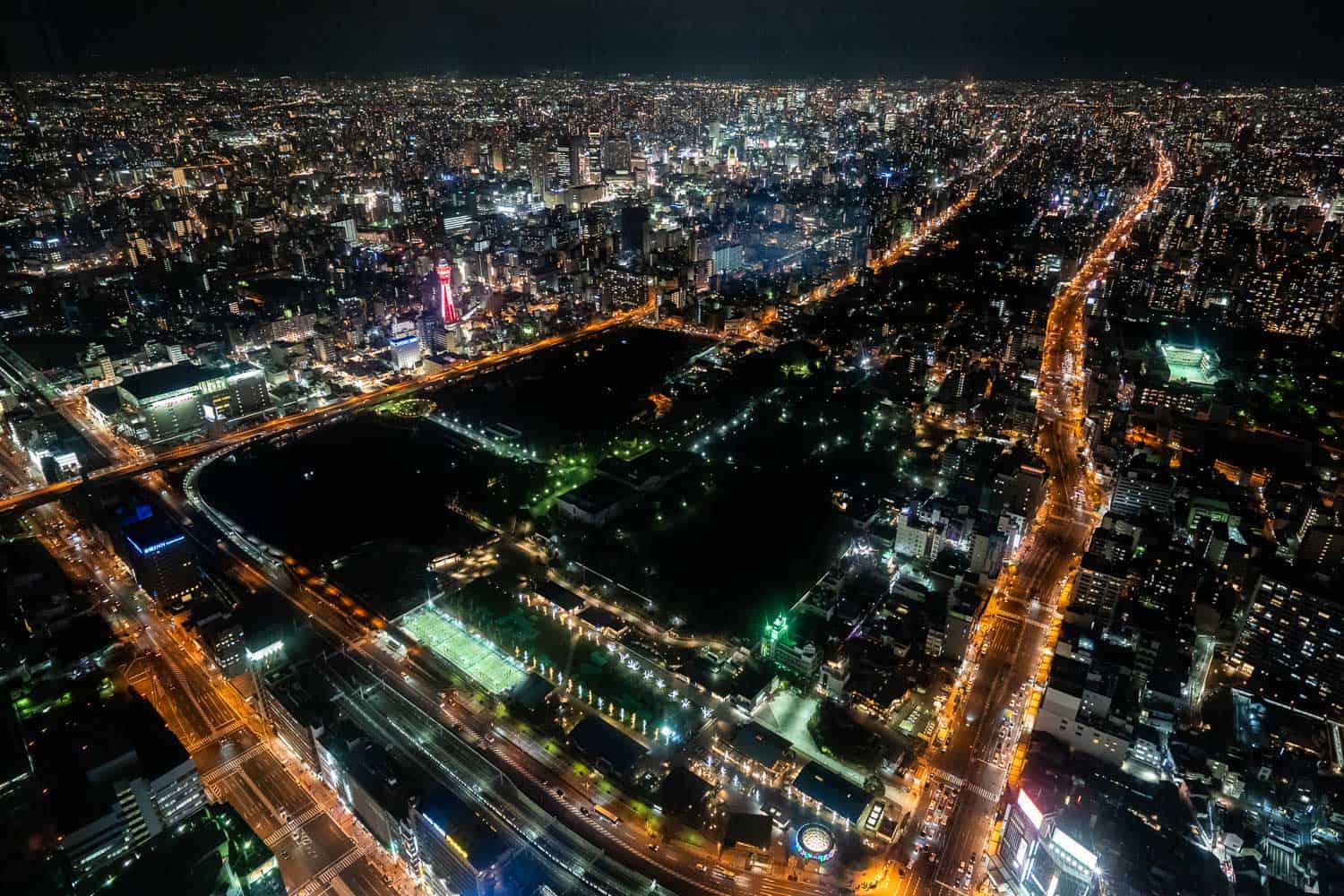 View from Abeno Harukas 300 observation deck at night in Osaka, Japan