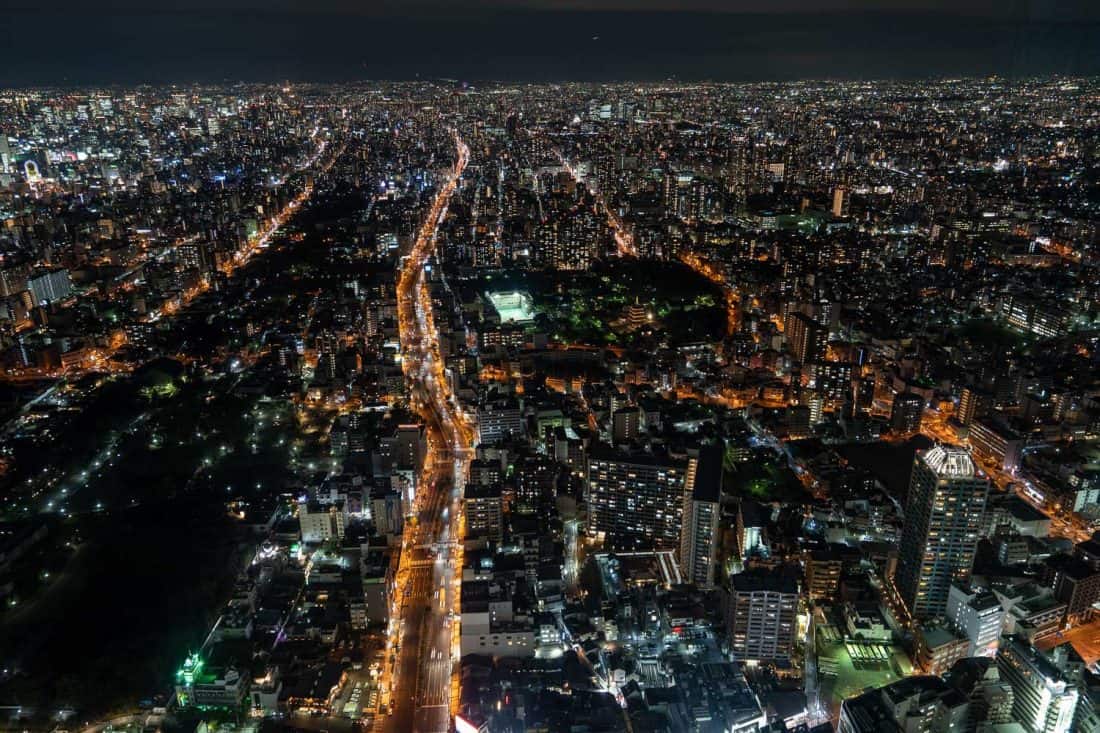 View from Abeno Harukas 300 observation deck at night in Osaka, Japan