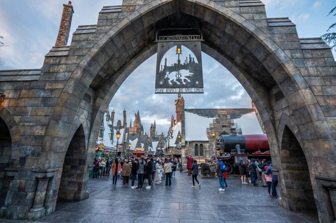 Hogsmeade entrance gate at The Wizarding World of Harry Potter at Universal Studios Japan in Osaka