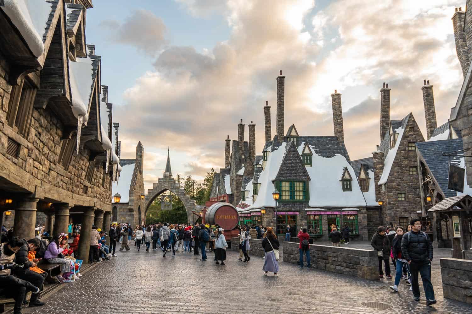 Hogsmeade village at sunset at The Wizarding World of Harry Potter at Universal Studios Japan in Osaka