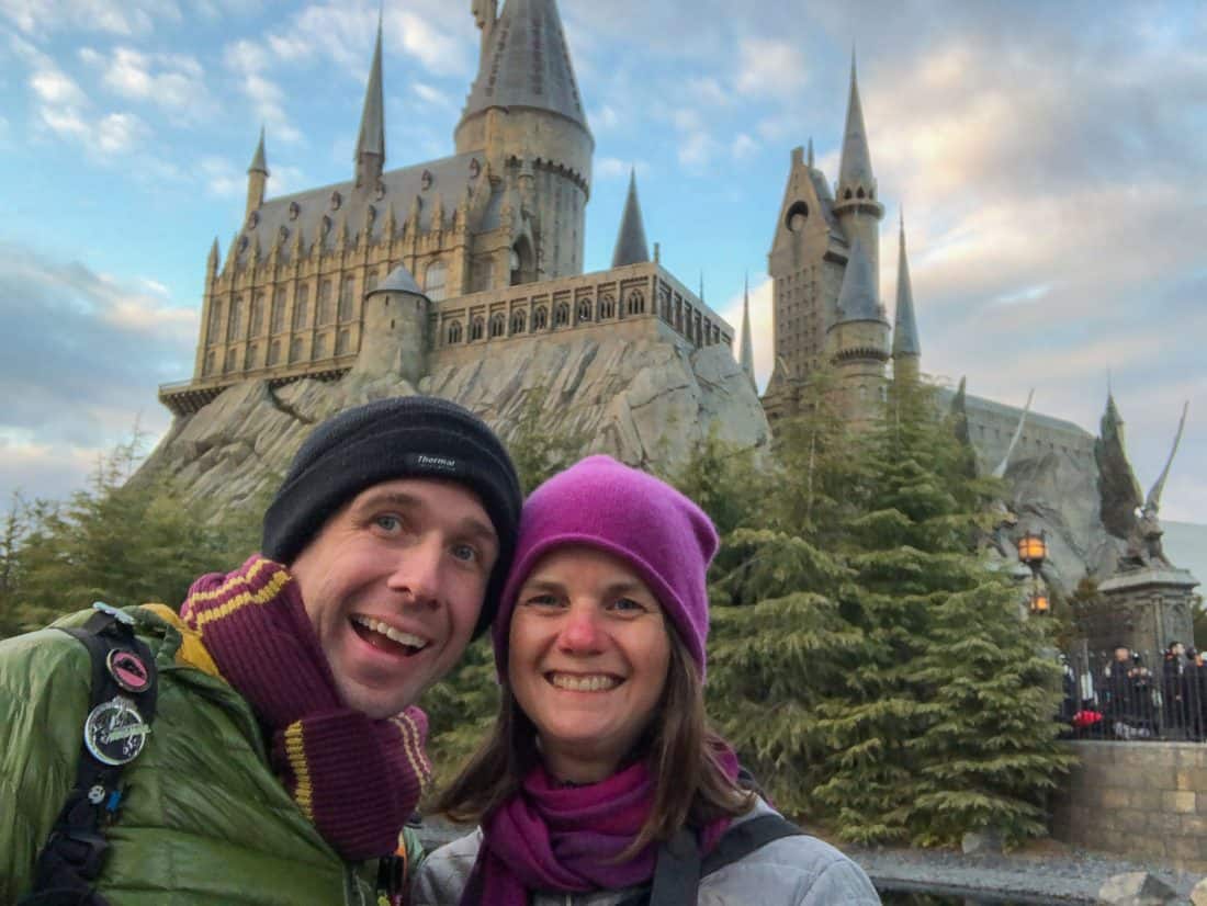 Simon and Erin in front of Hogwarts Castle at Harry Potter World in Universal Japan