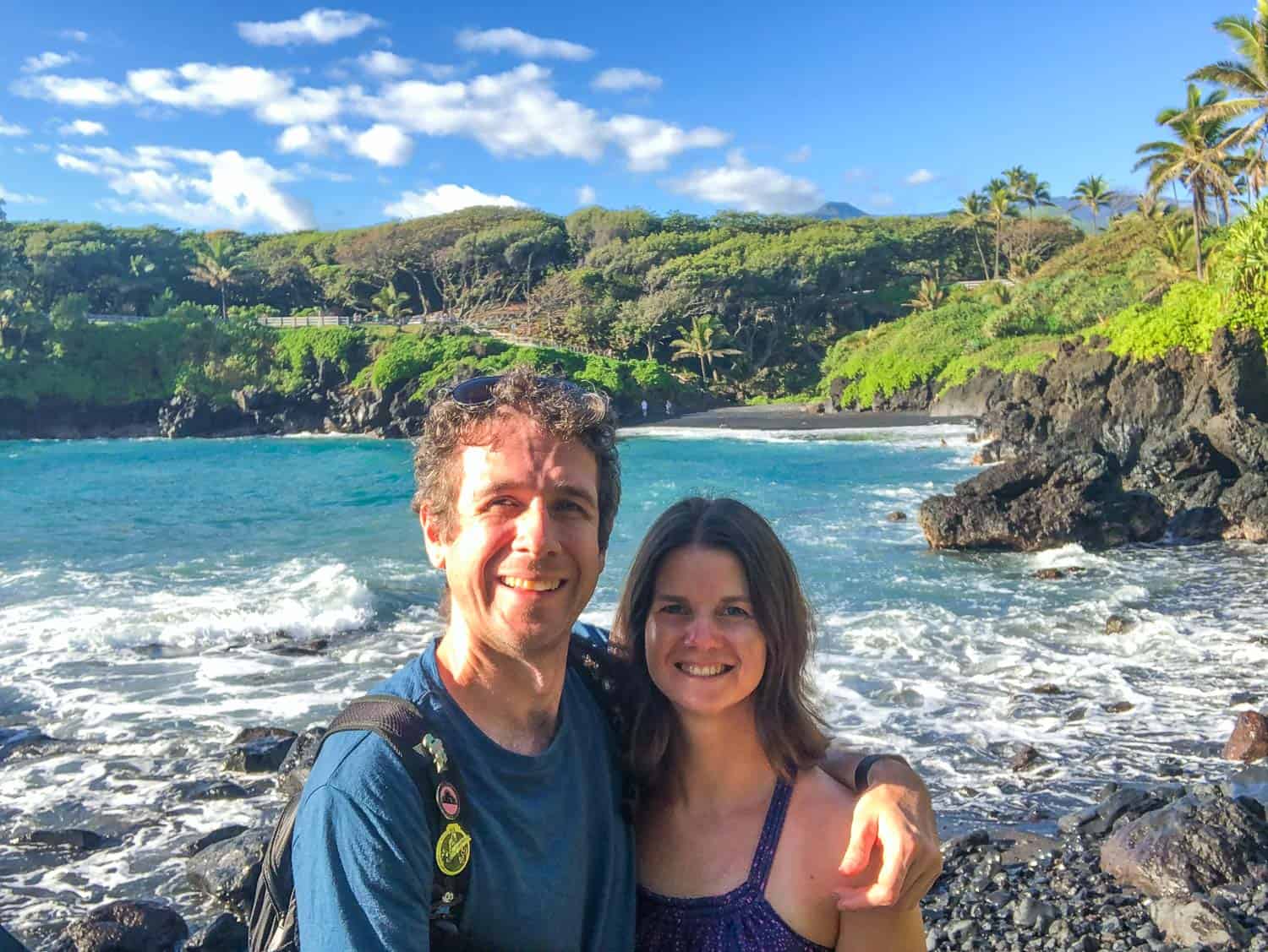 Simon and Erin of Never Ending Voyage at Waianapanapa State Park on Maui