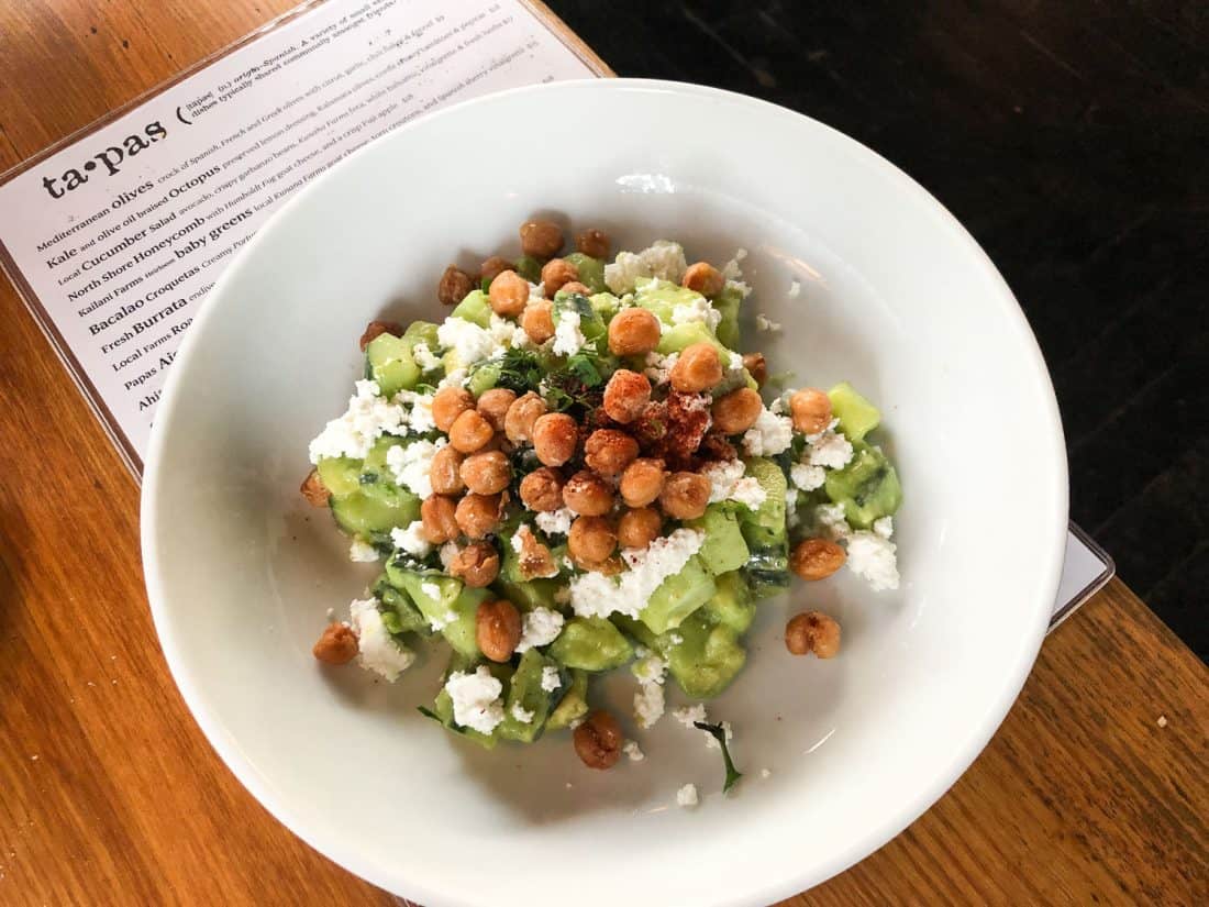 Cucumber, avocado and chickpea salad at Bar Acuda in Hanalei