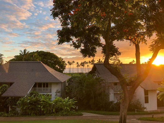View from condo at Kiahuna Plantation in Poipu, Kauai at sunset