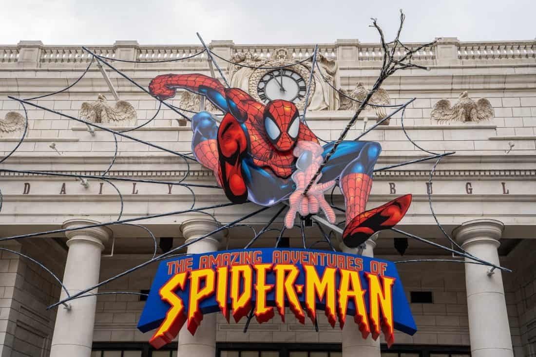 The sign above the entrance to The Amazing Adventures of Spiderman ride at Universal Studios Japan in Osaka