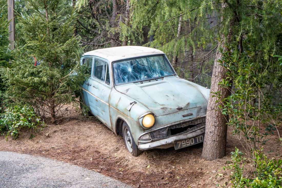 The Flying Ford Anglia that Ron Weasley crashed on the way to The Wizarding World of Harry Potter at Universal Studios Japan in Osaka