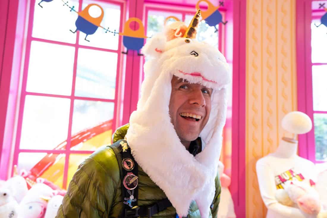 Simon in a unicorn hat at the It’s So Fluffy shop in Universal Studios Japan