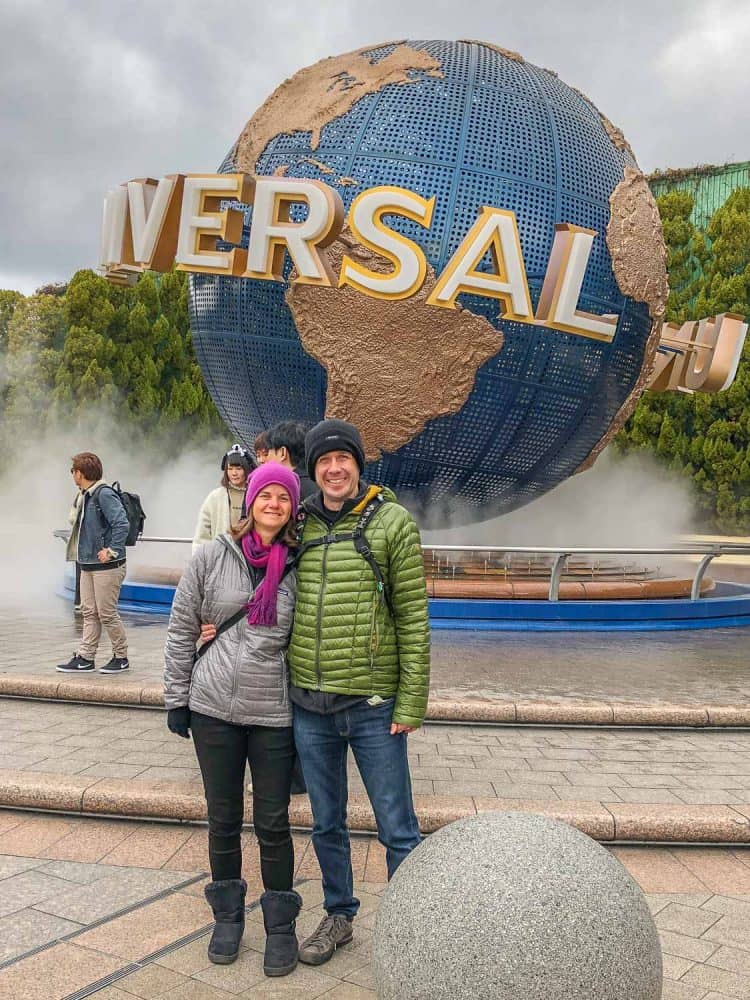 Erin and Simon at the Universal Studios Japan globe outside the park gate