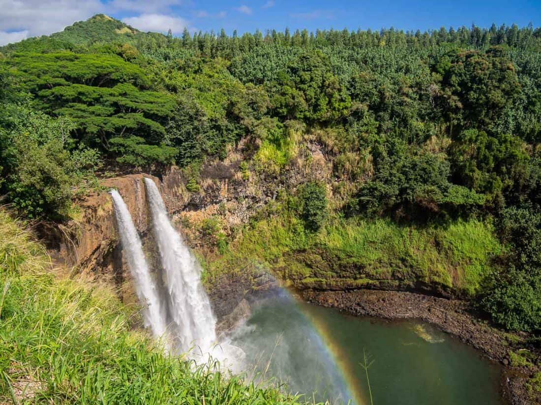 Wailua Falls double waterfall and rainbow - one of the best Kauai attractions
