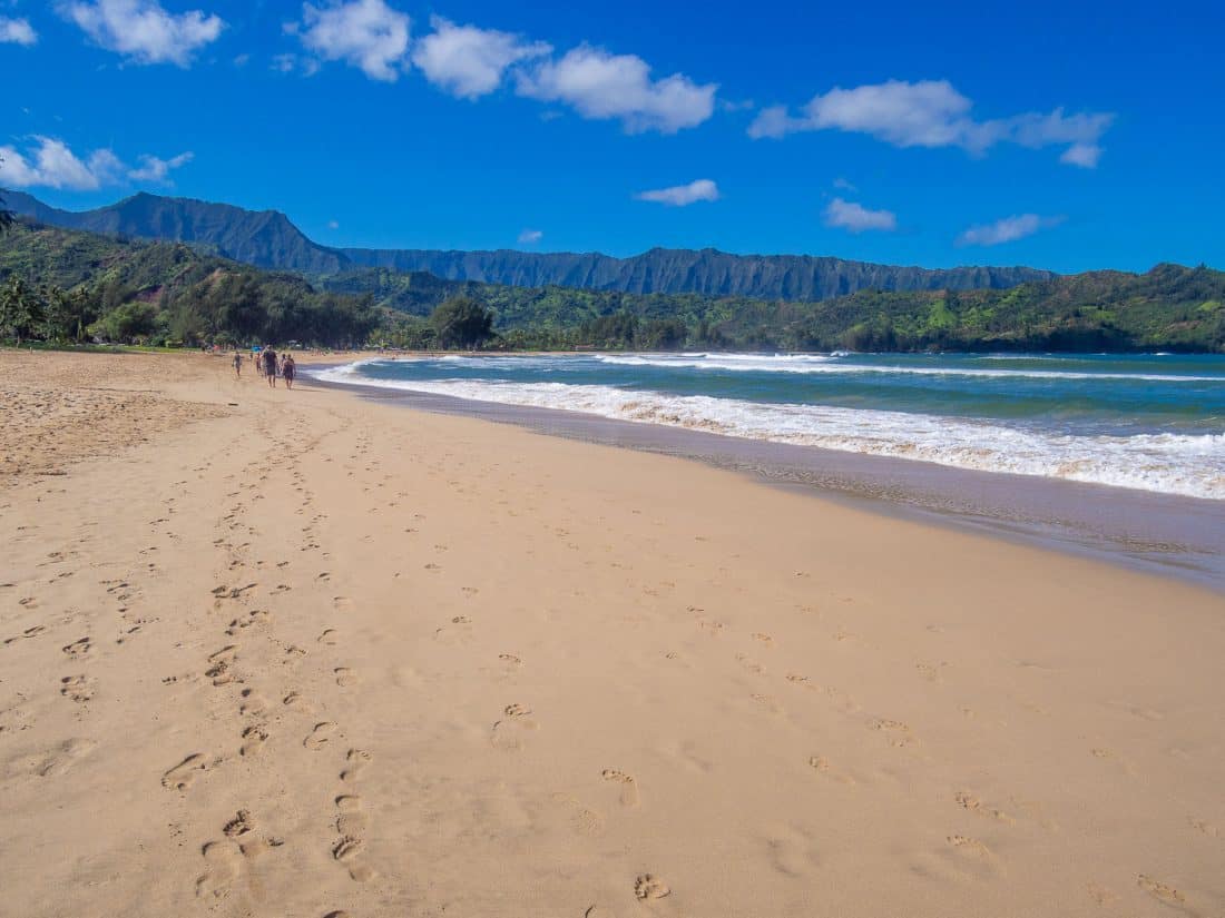 Hanalei Bay beach on the Kauai north shore