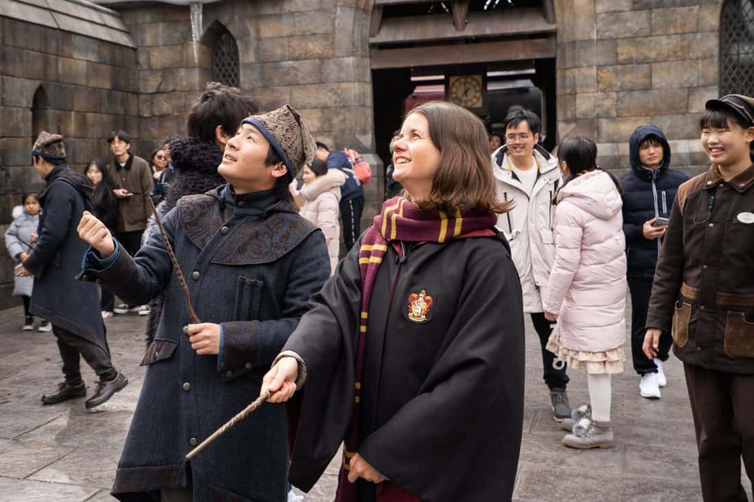 Erin doing wand magic at The Wizarding World of Harry Potter at Universal Studios Japan in Osaka