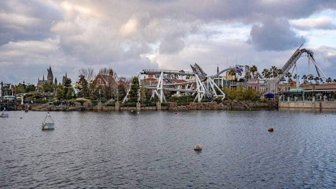 View of Hollywood Dream ride from the lake at Universal Japan