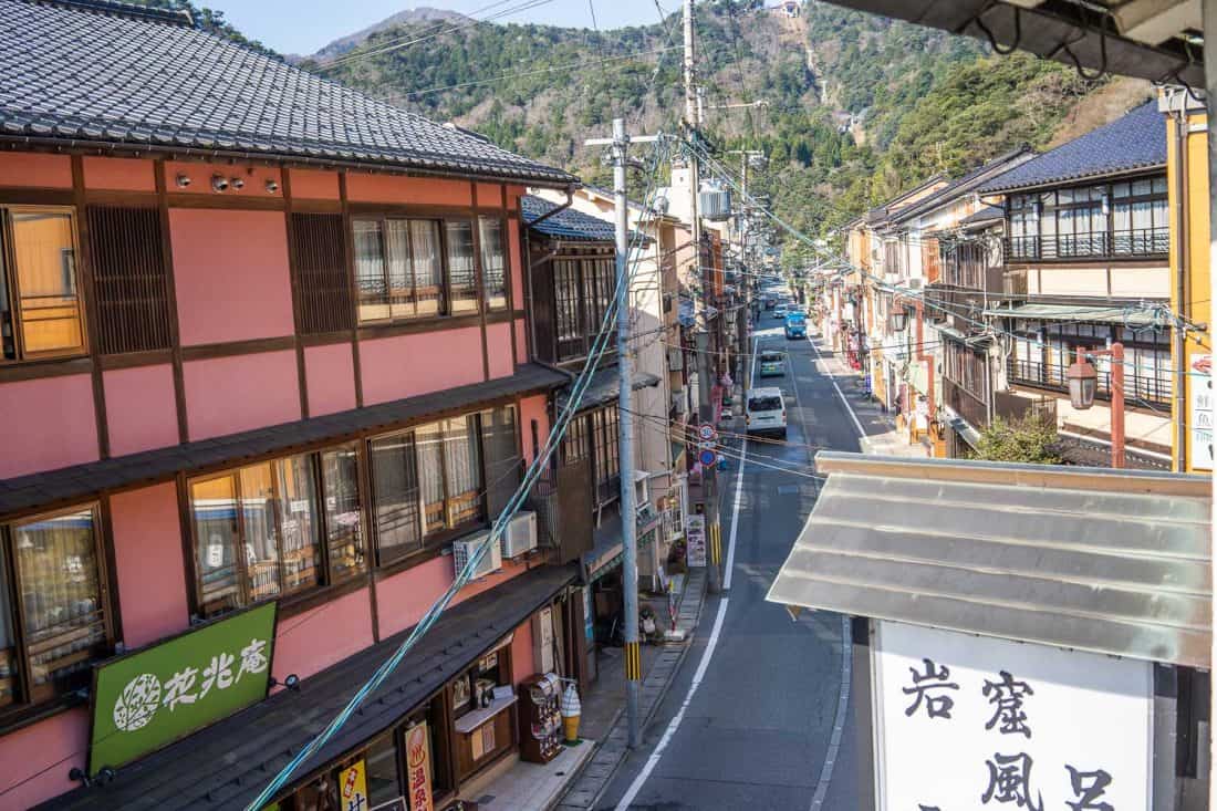 View of the main street and ropeway from our room at Morizuya Ryokan in Kinosaki Onsen