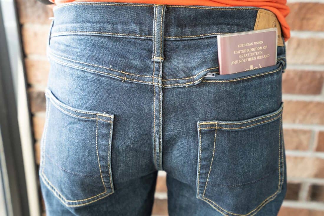 Passport in the hidden pocket of the Bluffworks Departure jeans