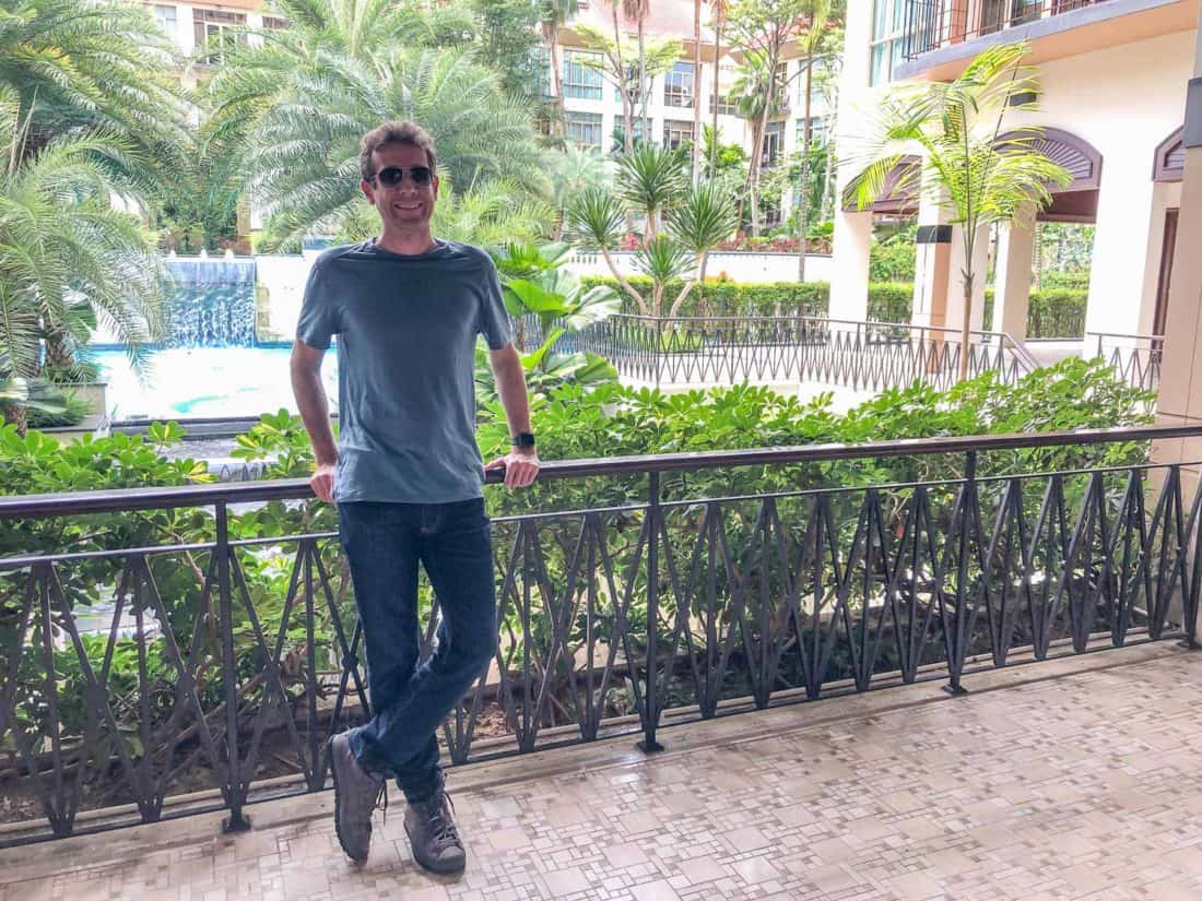 Simon wearing Bluffworks jeans in hot, humid Singapore