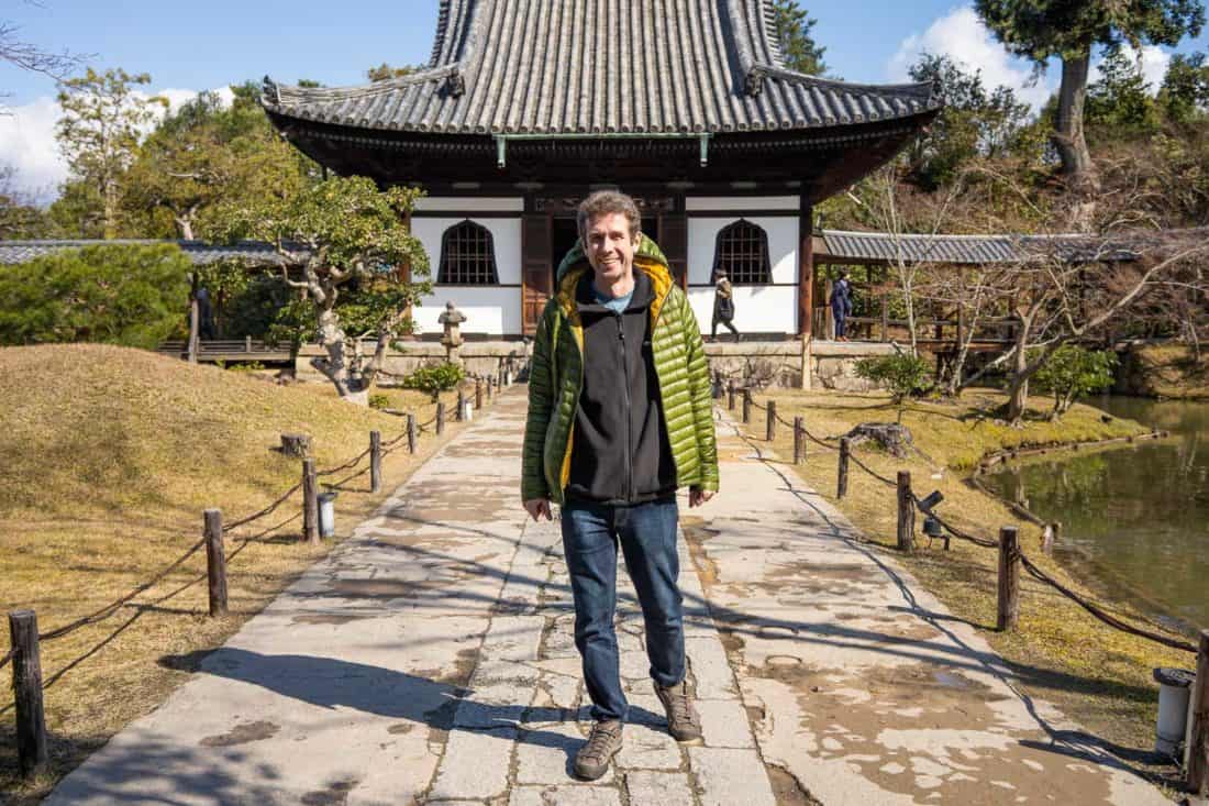 Simon wearing Bluffworks jeans at a Japanese temple