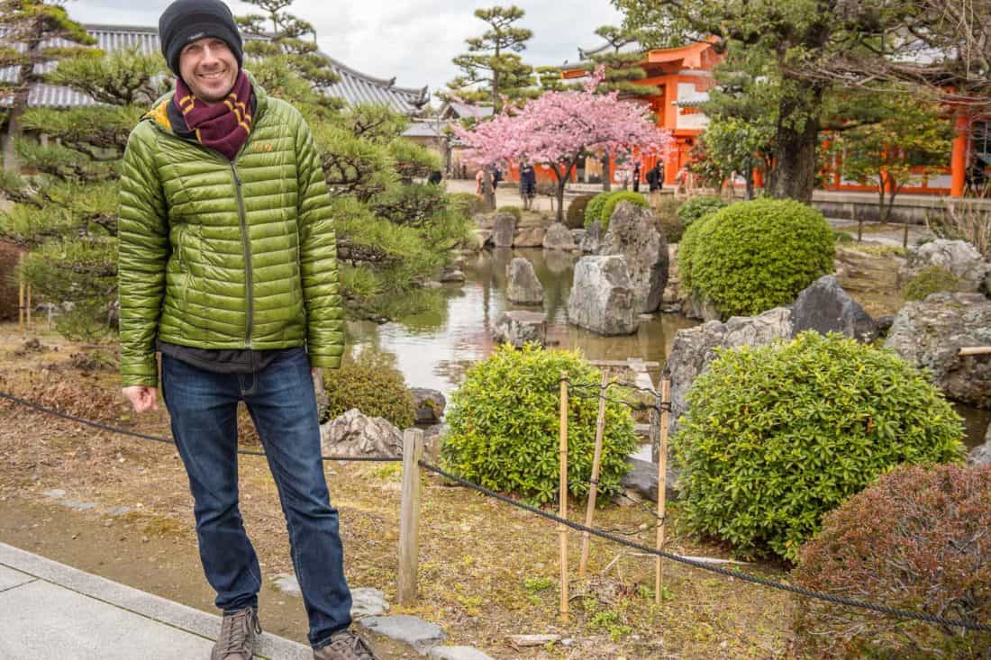 Simon wearing Departure travel jeans in a Kyoto temple