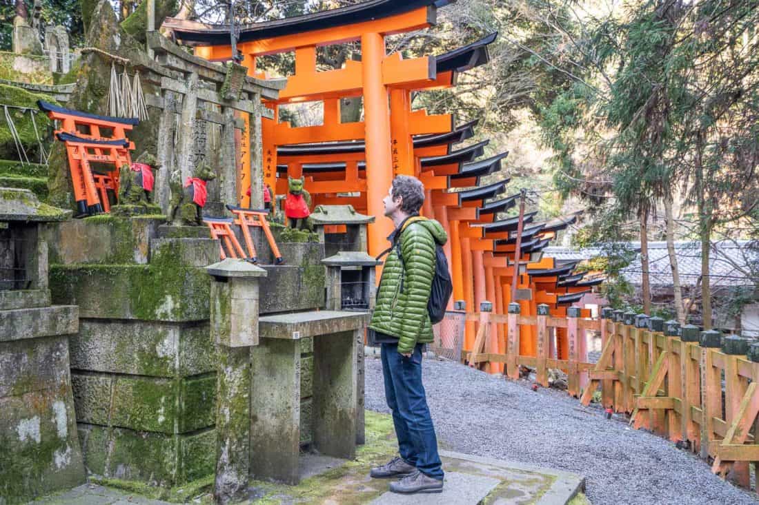 Simon wearing Bluffworks travel jeans at Fushimi Inari shrine in Kyoto