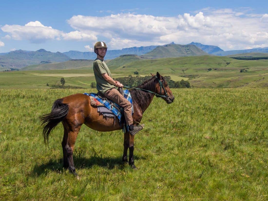 Bluffworks pants review - wearing the best travel pants horseriding in the Drakensberg, South Africa