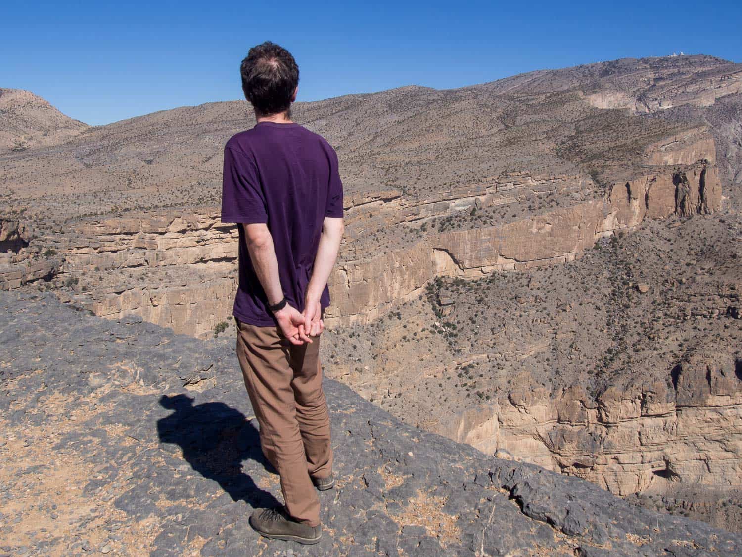 Simon in Bluffworks pants while hiking in Oman