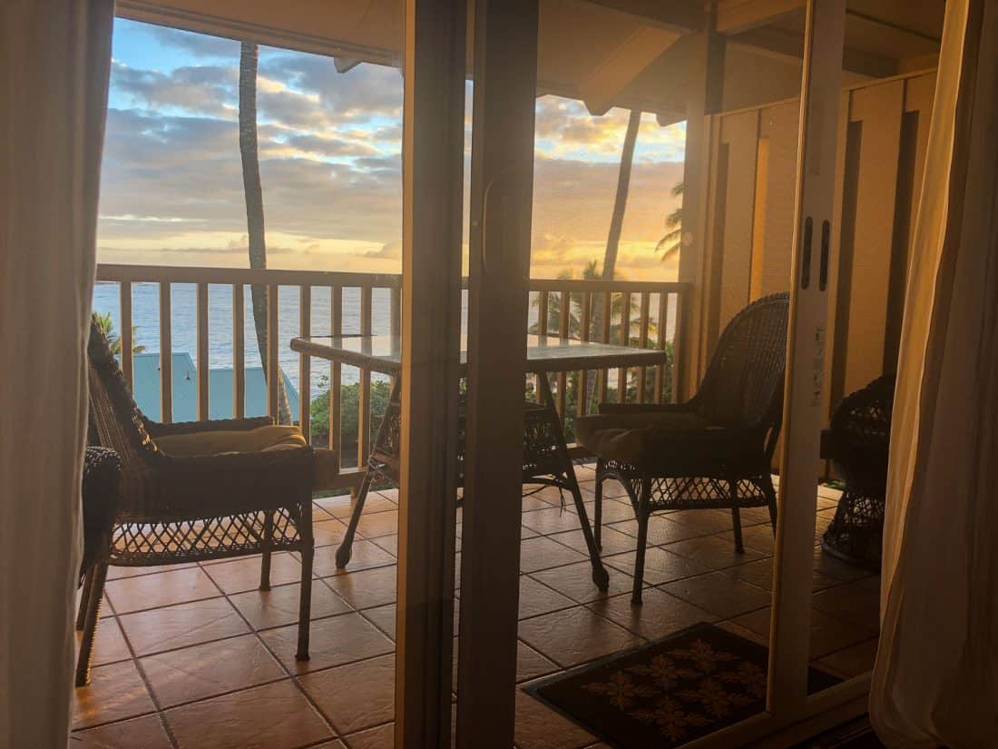 The view from our bed at sunrise at Hana Kai condos in Hana, Maui, Hawaii, USA