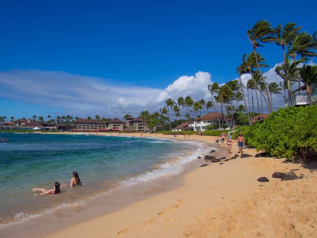 Kiahuna Beach in Poipu in front of the Kiahuna Plantation resort, Kauai