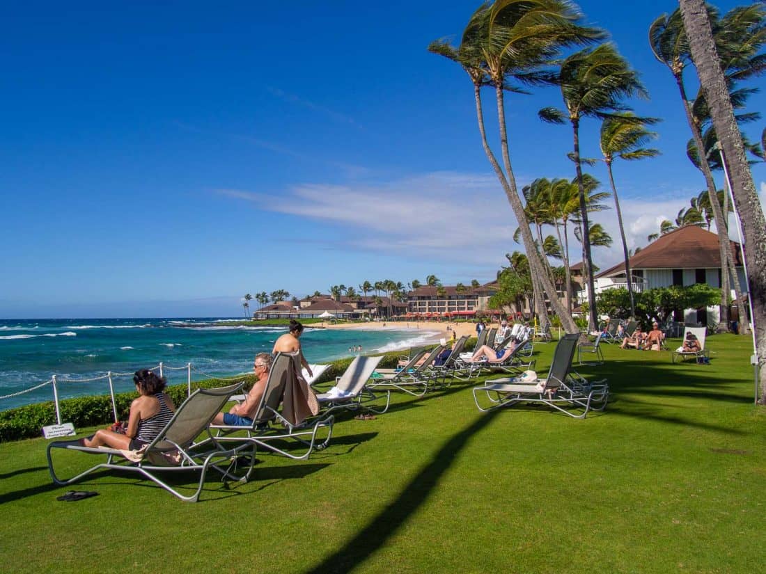 Sunbeds overlooking the beach at Kiahuna Plantation, Kauai