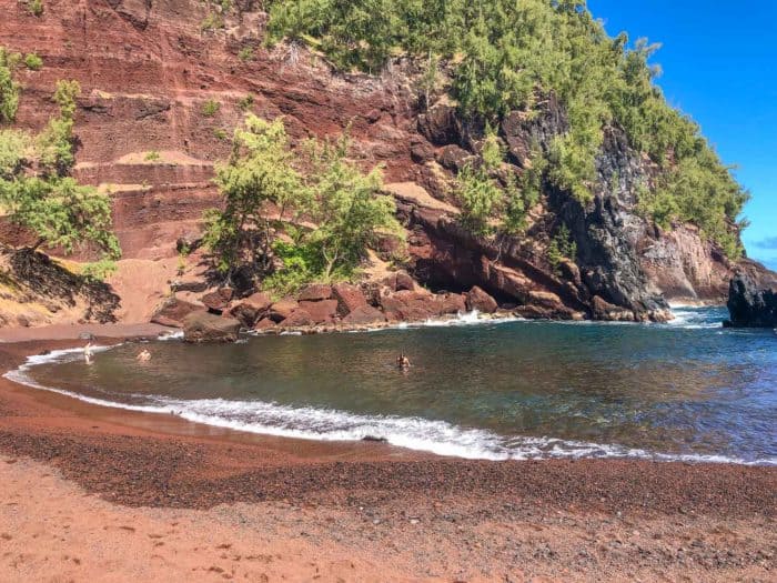 Kaihalulu or Red Sand Beach in Hana is a highlight of a Maui itinerary