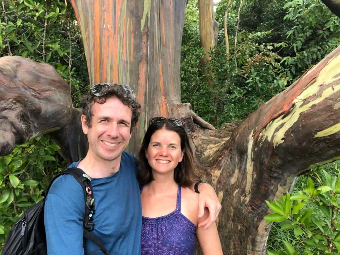 Simon and Erin at the rainbow eucalyptus trees on the Road to Hana