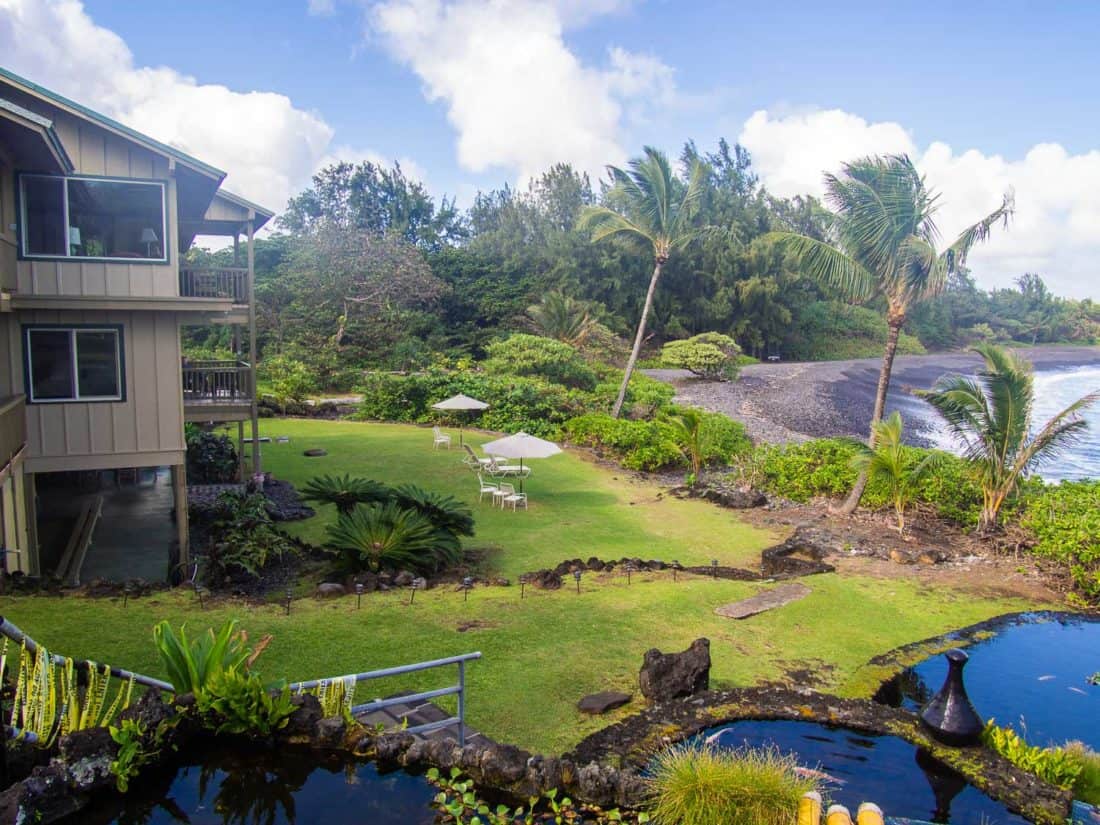 Hana Kai condos in Hana overlooking a black sand beach on Maui, Hawaii, USA