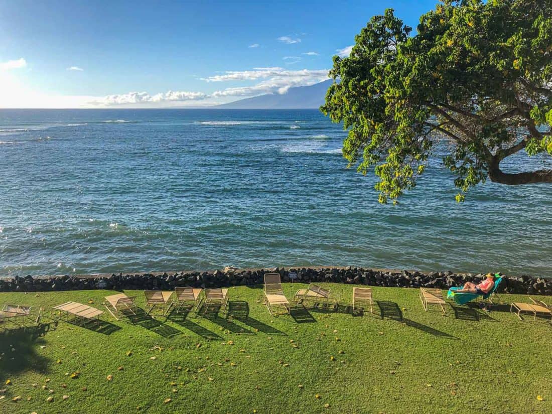 Ocean view from our lanai at Kahana Reef condos in west Maui, Hawaii, USA