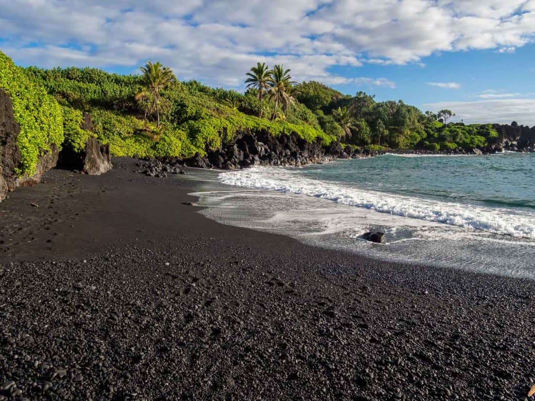 The black sand beach at Wai‘anapanapa State Park near Hana, Maui, Hawaii, USA