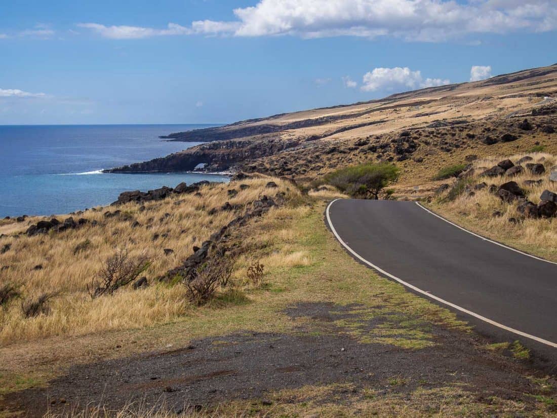 Ocean views and dry landscapes of the Back Road to Hana, Maui, Hawaii, USA