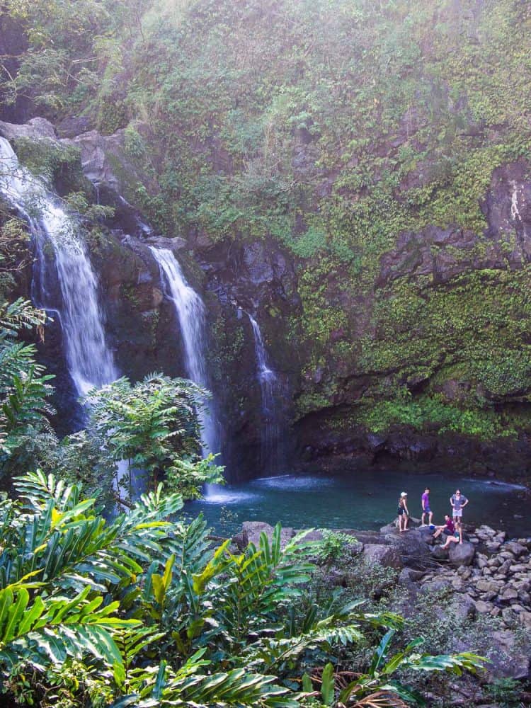 Upper Waikani Falls (also called Three Bears Falls) on the Hana Highway in Maui, Hawaii, USA