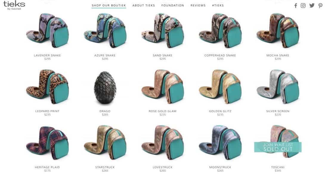 Some of the many Tieks designs