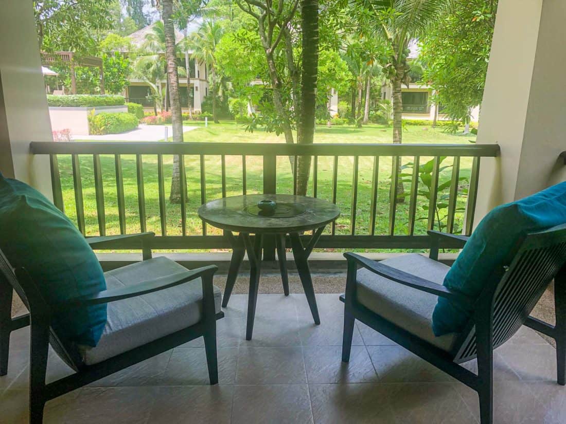 The balcony of our standard Garden Pavilion room on Koh Lanta, Thailand