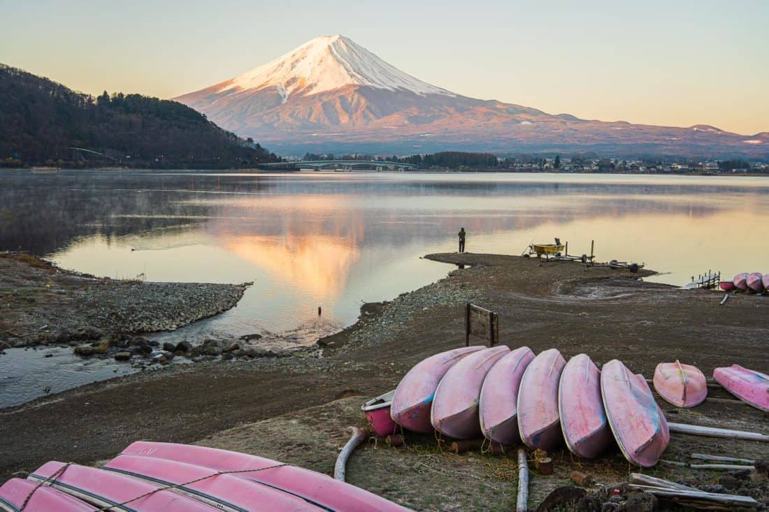 Mount Fuji just after sunrise at Lake Kawaguchi, Japan