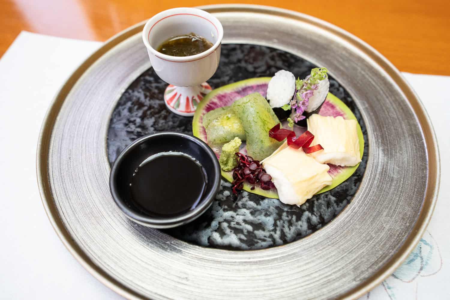 Osaka vegetarian kaiseki meal at Asai Togei - konnyaku stuffed with avocado, yuba with yam, and mountain yam