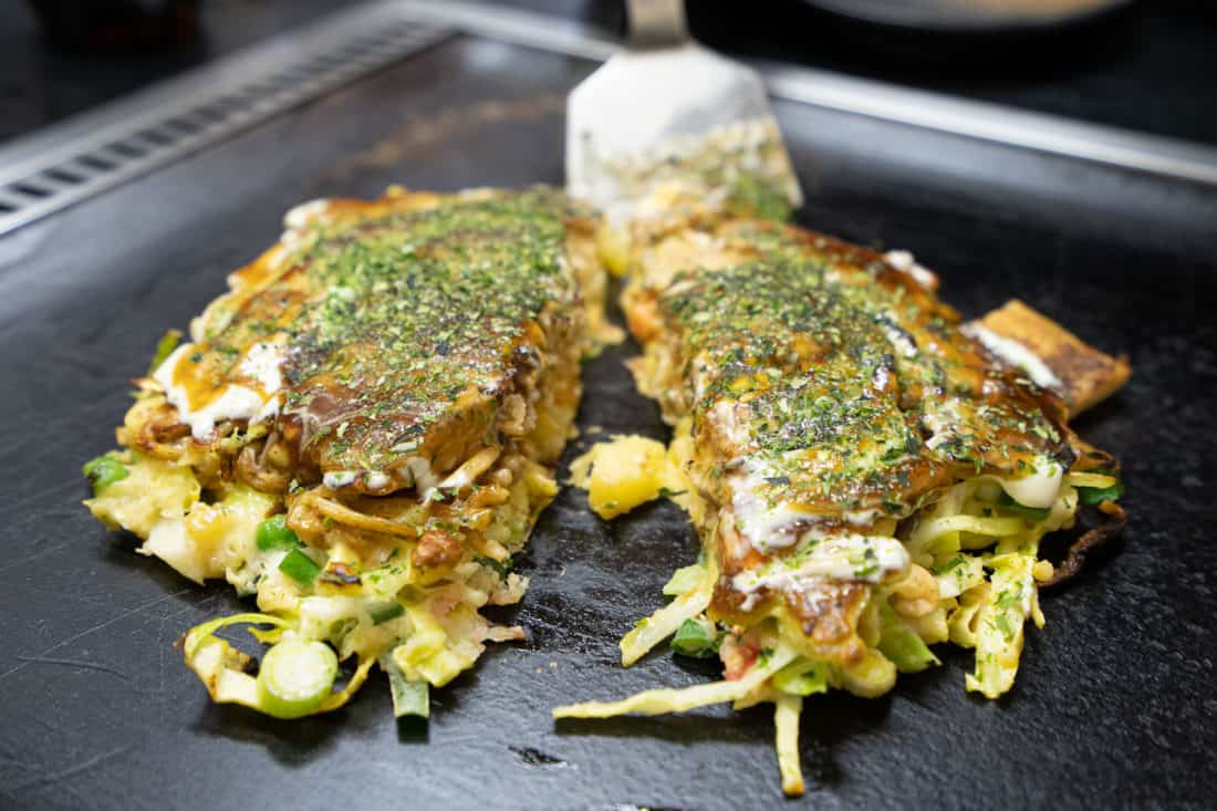 Vegetarian okonomiyaki in Osaka at Okonomiyaki Chitose, Japan