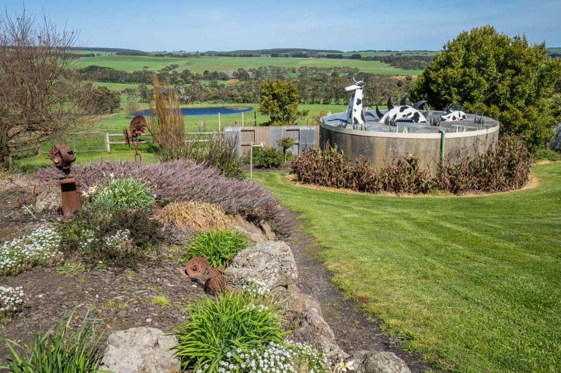 Countryside view with sculptures at Apostle Whey Cheese, Victoria, Australia