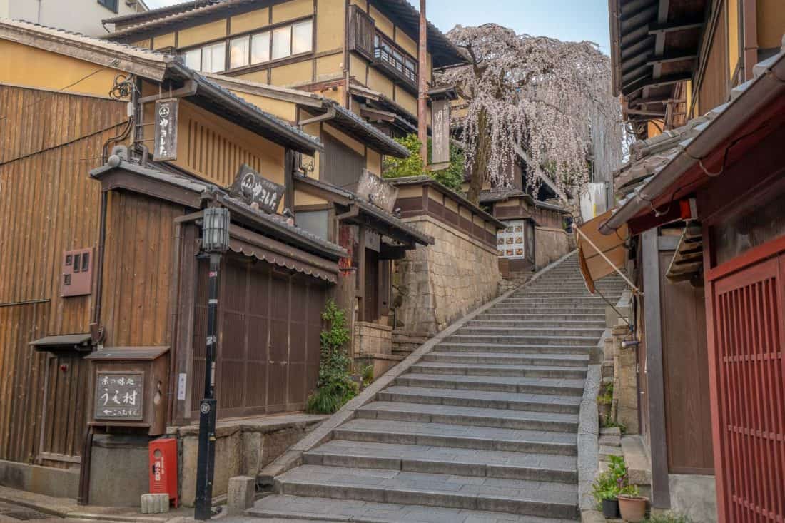 Uncrowded Sannenzaka in Southern Higashiyama early in the morning, one of the best areas to stay in Kyoto.
